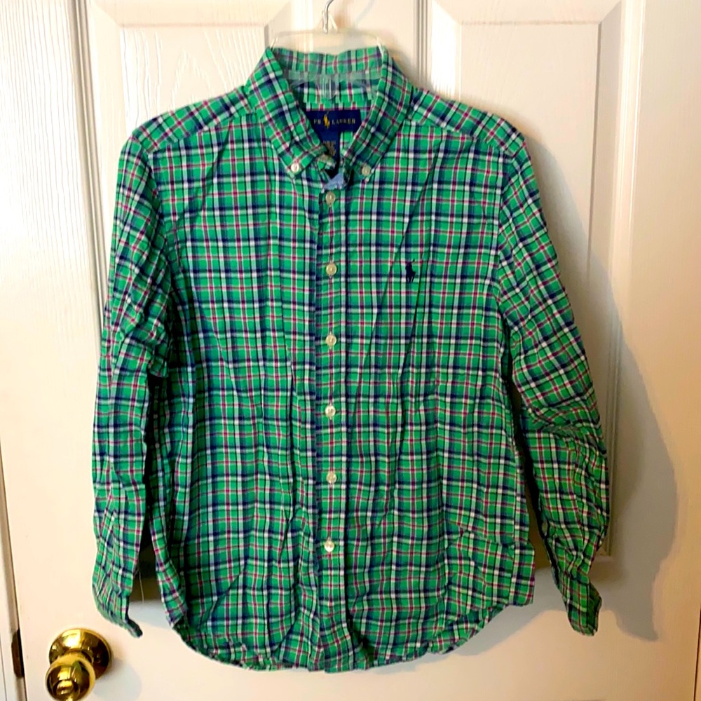 Polo - boys long sleeve button down shirt - green plaid - size 10/12